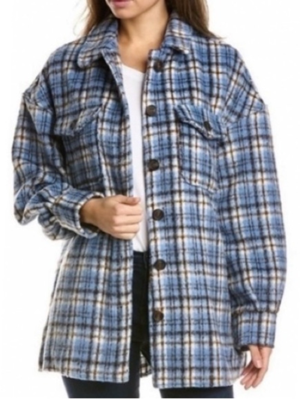 Avec Les Filles Sz S Blue Plaid Boyfriend Relaxed Shacket